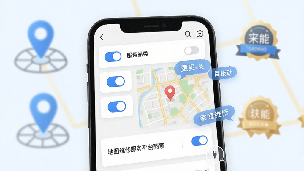 ��ͥά�޷���ƽ̨�̼Ҷ�չʾ���ܱ�ǩ���ý��棬�����������ֻ���Ļ��ʾ�������Ʒ�࿪�غ͵�ͼ��Χѡ�񣬱����ж�λͼ��ͼ��ܻ��£����ֲ��ÿ�Ƭʽ���У����Ϊ����ǳɫ�磬ϸ�ڰ�����ɫ���ذ�ť����ͼ��������ǩ���ݣ����������ɾ��޶���Ԫ��