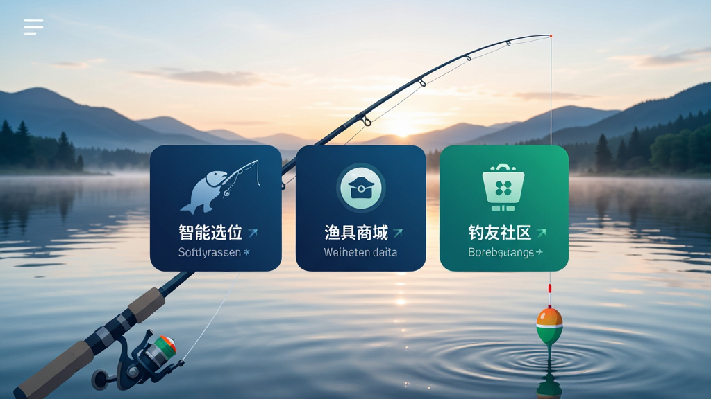 垂钓天下App主界面展示,画面中央是一个现代化的钓鱼主题应用UI,背景为清晨湖面与远山,近景有钓竿与浮漂,主色调为深蓝与翠绿,布局清晰展示智能选位、渔具商城、钓友社区三大功能模块,风格为扁平化科技感,细节包含水面波纹与柔和光影,画质高清,干净,无多余元素