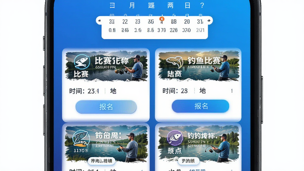 垂钓天下赛事活动列表页,手机屏幕显示多场钓鱼比赛卡片,每张卡片包含比赛名称、时间、地点与报名按钮,顶部有日历筛选控件,背景为渐变蓝色,风格运动活力,细节包含图标与标签,画质高清,干净,无多余元素