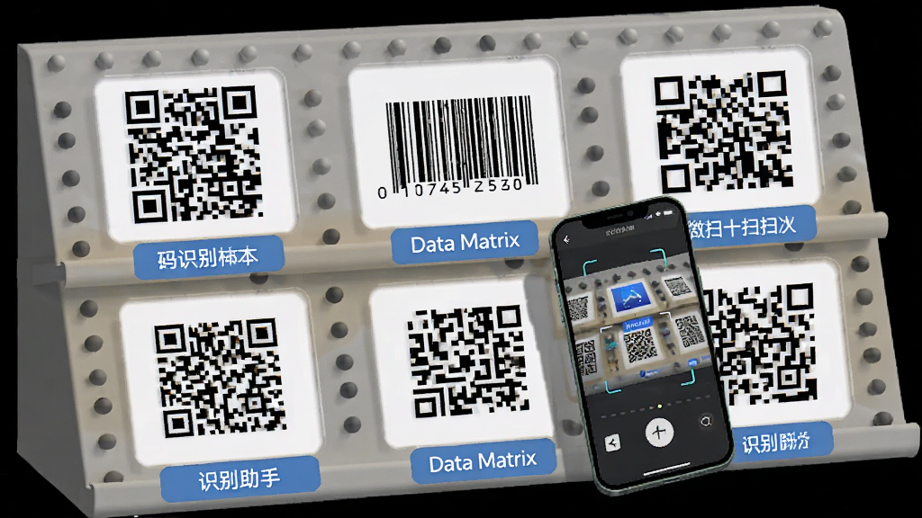 ����չʾһ������չʾ�ܣ�����ڷ��Ų�ͬ���͵���ͼ������������ά�롢�����롢Data Matrix��ȣ�ÿ����ͼ�Ա��ж�Ӧ�ı�ǩ˵�����ֻ�������չʾ��ǰ������Ļ��ʾʶ����棬���Ϊ��Ϣͼ��ʽ���֣�ϸ�ڰ�����ͼ��������ǩ���֡��ֻ���Ӱ�����������ɾ����޶���Ԫ�أ�ͼƬ����ʾ���֡�΢ɨһɨʶ�����֡�