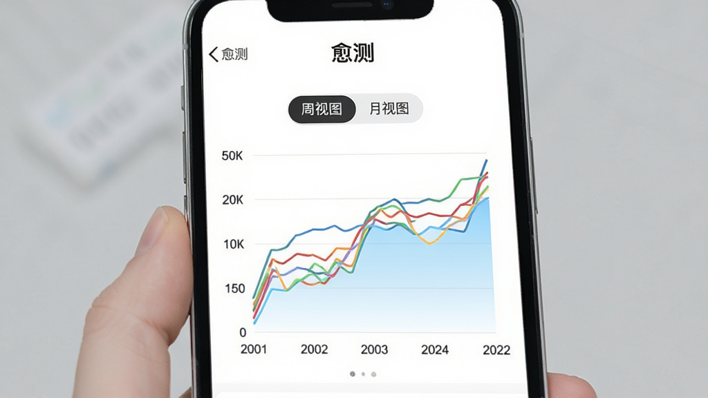 手机屏幕展示“愈测”趋势回顾页面,白色背景,中部为彩色折线图,横轴标注日期,纵轴标注状态等级,折线下方有浅蓝色渐变填充,图表上方有“周视图”“月视图”切换按钮,整体排版简洁,风格现代扁平,细节清晰,画质干净,无多余文字和图标