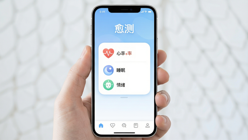 手机屏幕中央展示“愈测”应用主界面,淡蓝色与白色渐变背景,顶部显示软件名称“愈测”,中部为圆角卡片式健康记录面板,包含心率、睡眠、情绪三个图标,底部为简洁导航栏,整体布局居中对称,风格清新简约,细节干净无多余装饰,画质清晰,2K分辨率,界面文字清晰可读,无多余元素