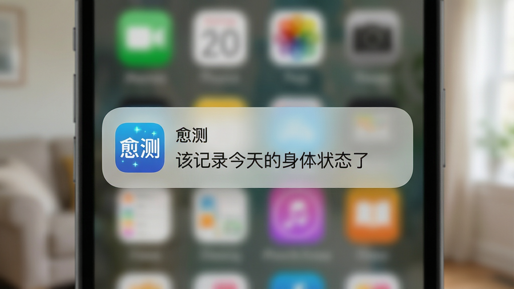 手机锁屏界面弹出“愈测”提醒通知,通知卡片为圆角矩形,左侧有“愈测”应用图标,文字内容为“该记录今天的身体状态了”,背景为模糊的日常场景,光线柔和,布局居中,风格写实,细节自然,画质高清,干净无杂乱元素