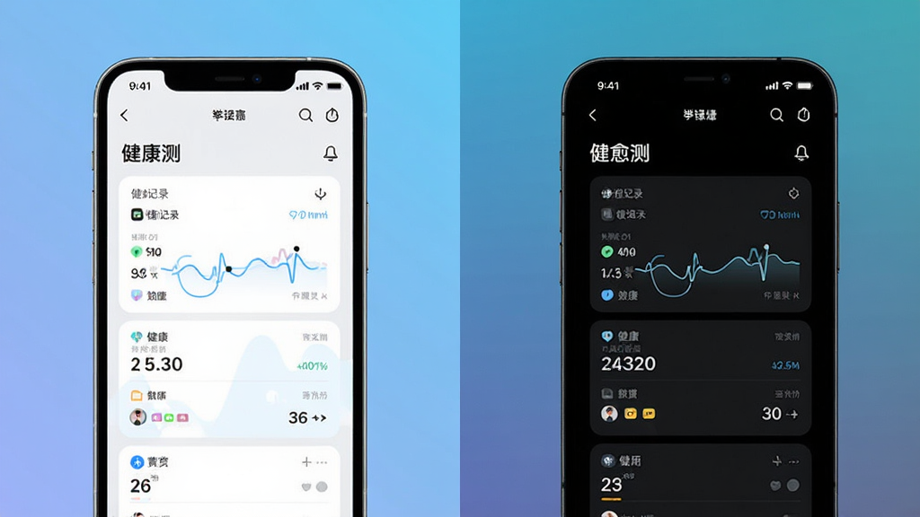 两部手机并排展示“愈测”应用界面,左侧手机为浅色模式,右侧手机为深色模式,屏幕内容一致,均显示健康记录面板,背景为纯色渐变,布局对称,风格现代极简,细节清晰,画质干净,无多余元素
