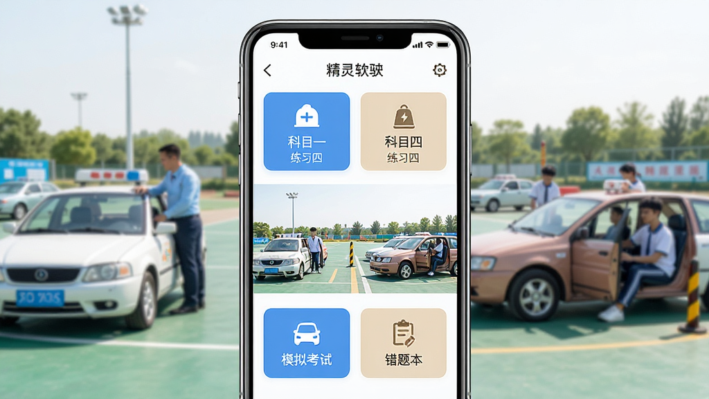 һ���ֻ���Ļչʾ��У�ľ������������棬���������Ǽ�У�ľ���APP��ҳ���Ϸ���ʾ��Ŀһ�Ϳ�Ŀ�ĵ���ϰ��ڣ��·���ģ�⿼�Ժʹ��Ȿ��ť�������������ļ�Уѵ�������н�������ѧԱ����ϰ�����������¼�࣬UI�������������ɱ棬���ʸ��壬�ɾ��޶���Ԫ��
