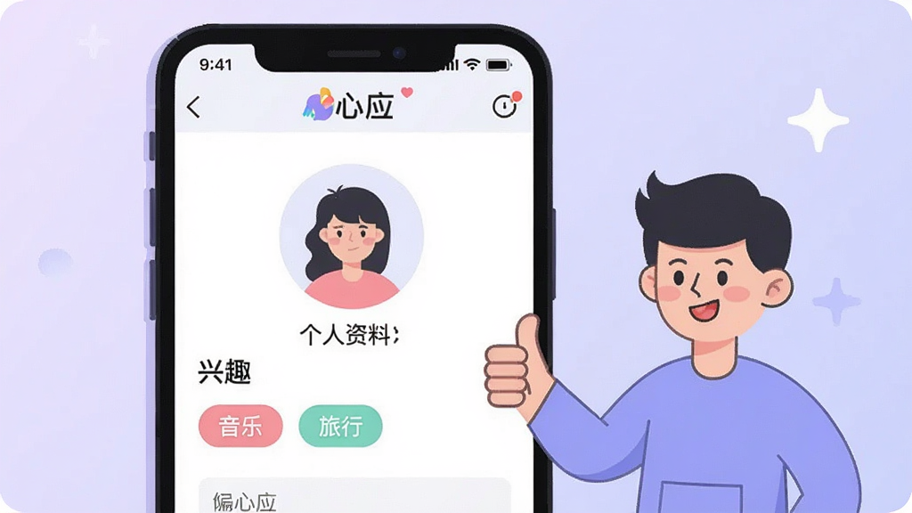 һ�ű�ƽ����Ʒ���ͼƬ��������һ���ֻ���Ļչʾ��ӦAPP�ġ��������ϱ༭��ҳ�棬��ͷ�����Ȥ��ǩѡ�������硰���֡������С������Ա���һ����ͨ���������Ĵָ�������ǵ���ɫ���䣬����������죬���ʸɾ�������������ʾ����Ӧ��