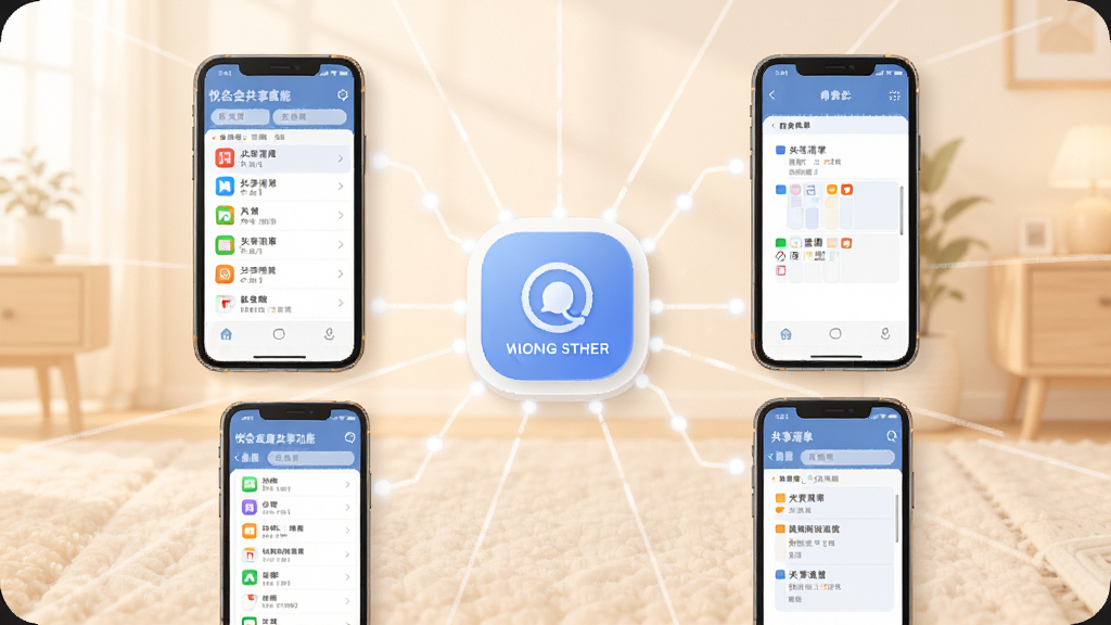 悦会家庭共享功能示意图,画面展示多台手机围绕一个中心数据节点,屏幕上显示共享清单与日程,风格温馨简洁,布局对称,画质清晰干净