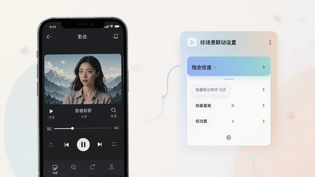 悦会功能界面展示图,画面中手机屏幕显示影音播放界面与场景联动设置面板,界面元素清晰,配色柔和,风格科技感与生活感结合,画质干净整洁