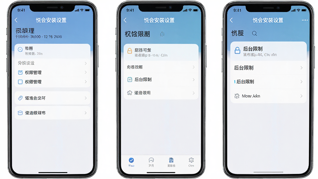 悦会安装设置界面手机截图风格图,画面展示权限管理与后台限制选项,界面清晰,配色冷静,风格实用导向,画质干净无杂乱元素