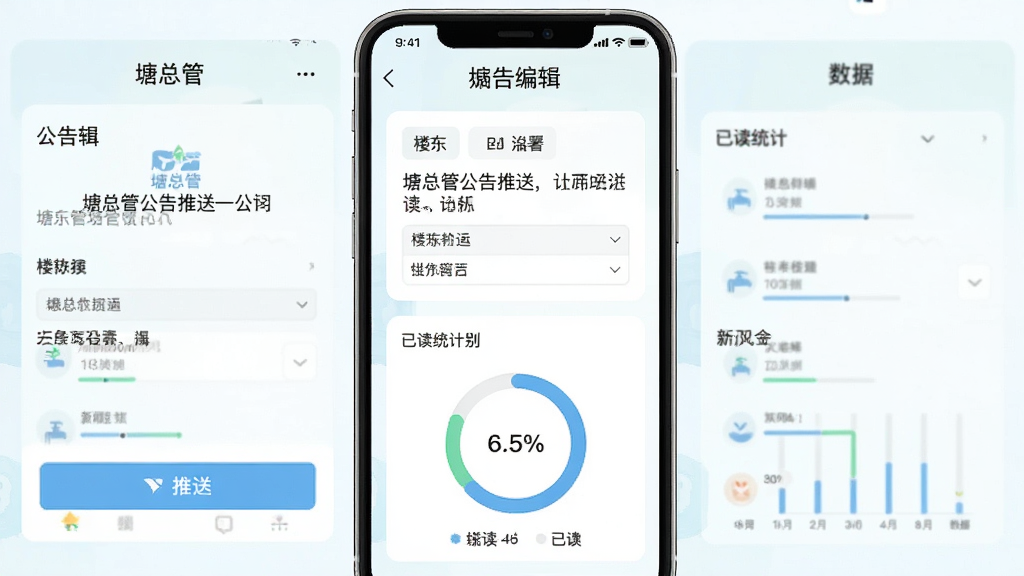 ���ܹܹ������ͽ��棬���������ֻ���Ļ��ʾ����༭ҳ����Ѷ�ͳ��ͼ�����������ҷ������༭�Ҳ����ݣ��Ű����������Ϊ����ǳɫϵ��ϸ�ڰ������Ͱ�ť��¥��ѡ�������Ѷ��ٷֱ�Բ�������ʸ���ɾ��޶���Ԫ�أ�ͼƬ�����ֱ�ע�����ܹܡ�