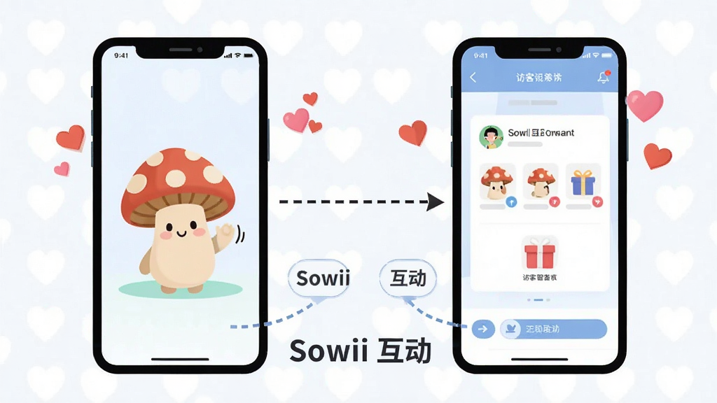 һ��Sowii�罻������ʾ��ͼ�������������ֻ���Ļ����չʾ�������Ļ��һֻСĢ���ڻ��֣��ұ���Ļ��ʾ�ÿ����԰�������ͼ�꣬����Ϊ���ҶԱ�չʾ�����Ϊ��ƽ���Ƽ��廭��ϸ�ڰ�������������Ļ�����߼�ͷ��Ư���İ��ķ��ţ����ʼ��ɾ���ͼƬ�д������֡�Sowii ������