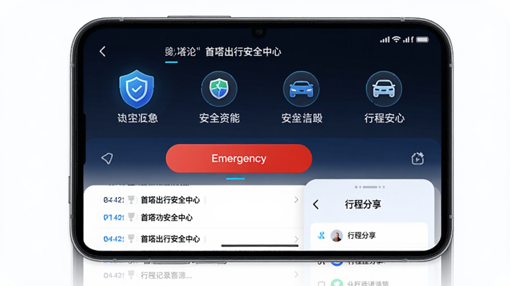 ��������ળ��а�ȫ���Ľ��棬����Ϊ�ֻ���Ļչʾ���Ű��Ϸ�Ϊ��ȫ����ͼ���·�Ϊ�г̼�¼�����Ϊ�Ƽ���ȫ�磬ϸ�ڰ�������ͼ�ꡢ������ť���г̷������棬���ʸ���ɾ��޶���Ԫ��