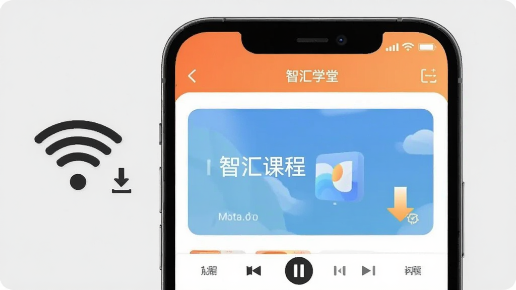 ����չʾһ���ֻ���Ļ��ʾ���ǻ�ѧ�á�APP�Ŀγ̲��Ž��棬�Ա���WiFi�ź�ͼ��ͻ������ؼ�ͷ������Ϊǳ��ɫ�������ʵ�ã����������ɾ�