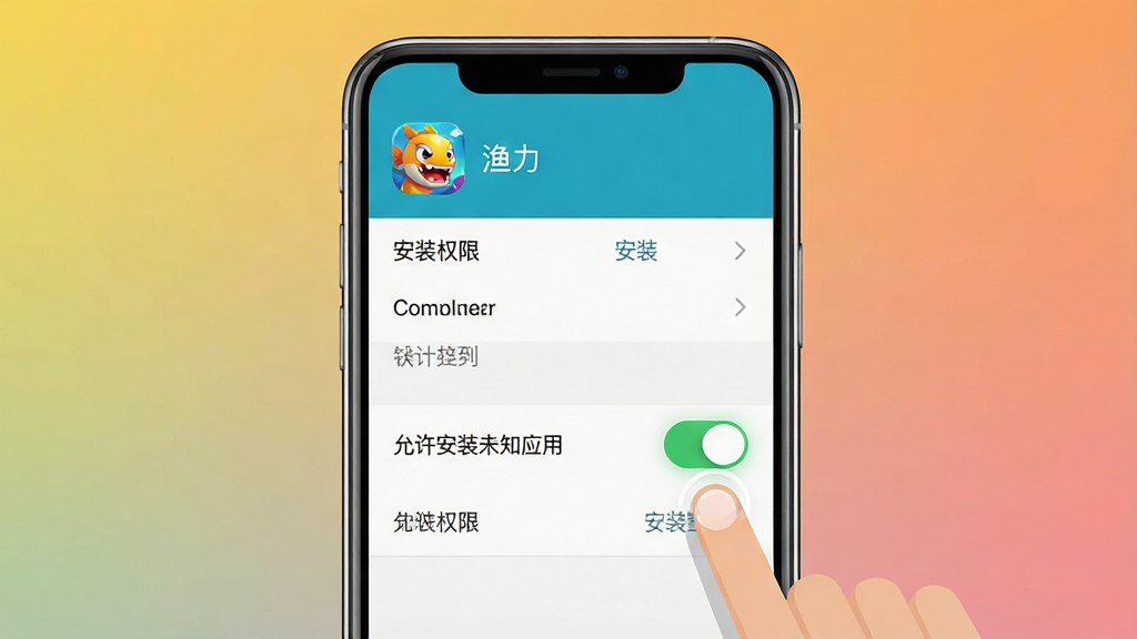 �����������ֻ���д����Ļ����ʾ����������Ϸ�İ�װȨ�����ý��棬�С�������װδ֪Ӧ�á��Ŀ��ذ�ť������ʾ������Ϊ�ֻ���������չʾ������Ϊ��ɫ���䡣�Ű��Ͻ���Ԫ�������ɱ棬��������Ϸͼ������ơ������������Ϊ��ƽ��UI���ʾ��ͼ��ϸ�ڰ������ò˵���ѡ�����֡����ذ�ť����ɫ����״̬����ָ�����ʾ�⡣������������������ɾ����޶���Ԫ�ء�