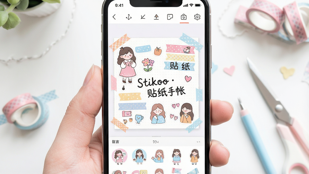 һ���ֻ���Ļ������չʾ����ƴ���༭���棬����Ϊ��ֽ����(Stikoo)Ӧ�ý��棬����Ϊ�������������в������ӵײ��ز���壬�Ű��������������Ϊ���¿ɰ����ʷ磬ϸ�ڰ�����ɫ��ֽ������Ԫ�ء���д���塰Stikoo  ��ֽ���ʡ�����ͷ�����ɫ�����ʸ���ɾ��޶���Ԫ��