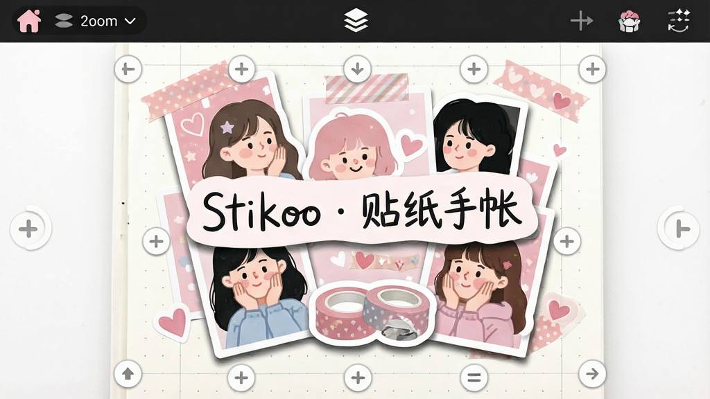 һ���ֻ�����ƴ���༭�����ͼ������Ϊ��ֽ����(Stikoo)�༭����������Ϊ�������������ֽ����ƴ�������ܻ�����ת���ſ��Ƶ㣬�Ű�����ɢ�䣬���Ϊ��Ů�����ʷ磬ϸ�ڰ���ͼ�㰴ť����ֽ��ӰЧ������дװ�����֡�Stikoo  ��ֽ���ʡ������ʸ���ɾ��޶���Ԫ��