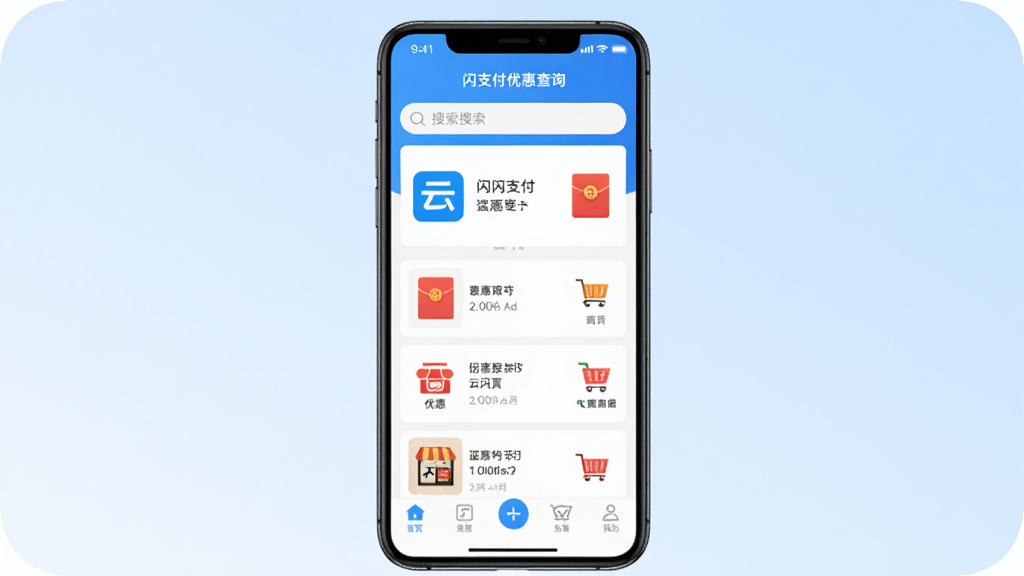 ��ͼչʾһ�������ֻ���Ļ������ʾ����֧���Żݲ�ѯ��Ӧ�ý��棬���沼��Ϊ�����������в��Żݿ�Ƭ�б����ײ�������������Ϊǳ��ɫ���䣬���Ϊ��ƽ��UI��ƣ�ϸ�ڰ���������ͼ�ꡢ���ͼ�ꡢ�̻�ͼ�꣬���ʸ��壬����ɾ����޶���Ԫ��