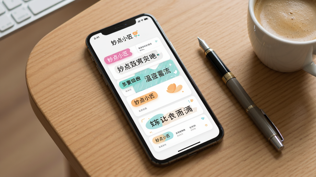 һ���ֻ�ƽ����ľ�������ϣ��ֻ���Ļ��ʾ�����С�����������ɶ�β�ͬ�������ֿ�Ƭ����Ƭ�Բ�ɫ��ǩ���֣��Ա���һ֧�ʺ�һ�����ȣ����沼�־��У��������дʵ��ϸ�ڷḻ�����ʸɾ����޶���Ԫ��