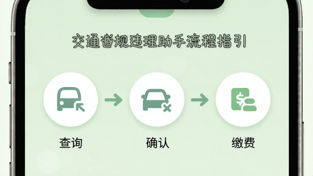��ͨΥ�洦����������ָ��ҳ�棬����չʾ�ֻ���Ļ�ڵĲ���ͼ����������Բ��ͼ���ɼ�ͷ���ӣ��ֱ������ѯ��ȷ�ϡ��ɷѣ�����Ϊ����ɫ��������£�ϸ����ͣ����ʸɾ�