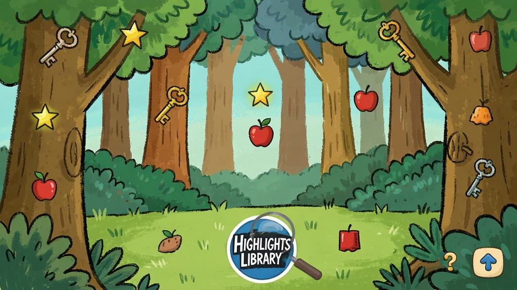 һ��չʾ Highlights Library Ѱ����Ϸ�����ͼƬ������������һ��ɫ�ʷḻ��ɭ�ֳ����廭��ͼ��������Կ�ס����ǡ�ƻ����С����������·��� Highlights Library ��Բ��ͼ�꣬����Ϊȫ����Ϸ���棬���Ϊ��ͨ�ֻ棬ϸ�ڰ����Ŵ󾵹�����ʾ��ť�������������ɾ����޶���Ԫ��