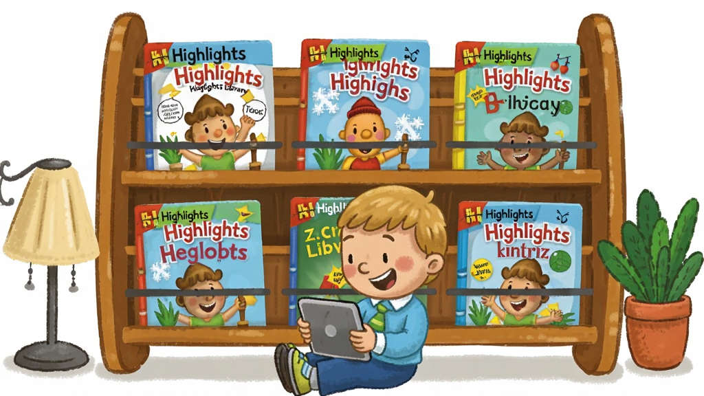 һ��չʾ Highlights Library ������ܵĲ廭������������һ����ͨ����ľ����ܣ�����������Ŷ౾����ɫ�����޵�Ӣ�Ķ�ͯ��־�ͻ汾��ÿ������涼ӡ�� Highlights ���������ǰ����һ��΢Ц�����С�к�������ƽ������Ķ�������Ϊ���й�ͼ�����Ϊ��ů�ֻ棬ϸ�ڰ���̨�ƺ���ɫ���ԣ������������ɾ����޶���Ԫ��