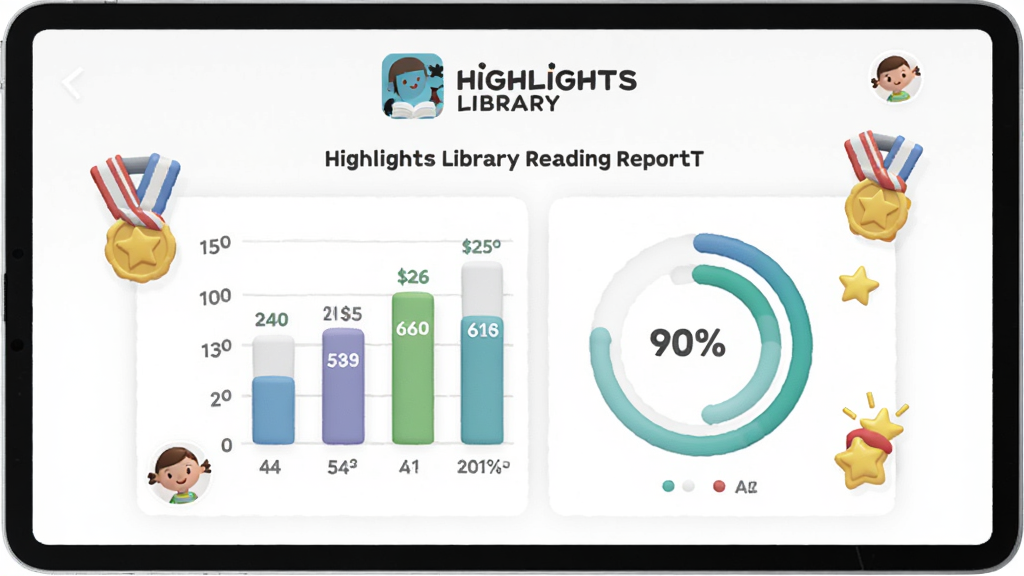 һ��չʾ Highlights Library �Ķ�����ҳ���ͼƬ������������һ��ƽ�������Ļ����Ļ����ʾ��״ͼ��Բ�ν��Ȼ���ͼ�����п�ͨѫ�º����ǽ�������Ļ�Ϸ��� Highlights Library ��־������Ϊ����չʾ�����Ϊ�ִ���Լ��ϸ�ڰ������ݱ�ǩ�Ͷ�ͯͷ�񣬻����������ɾ����޶���Ԫ��