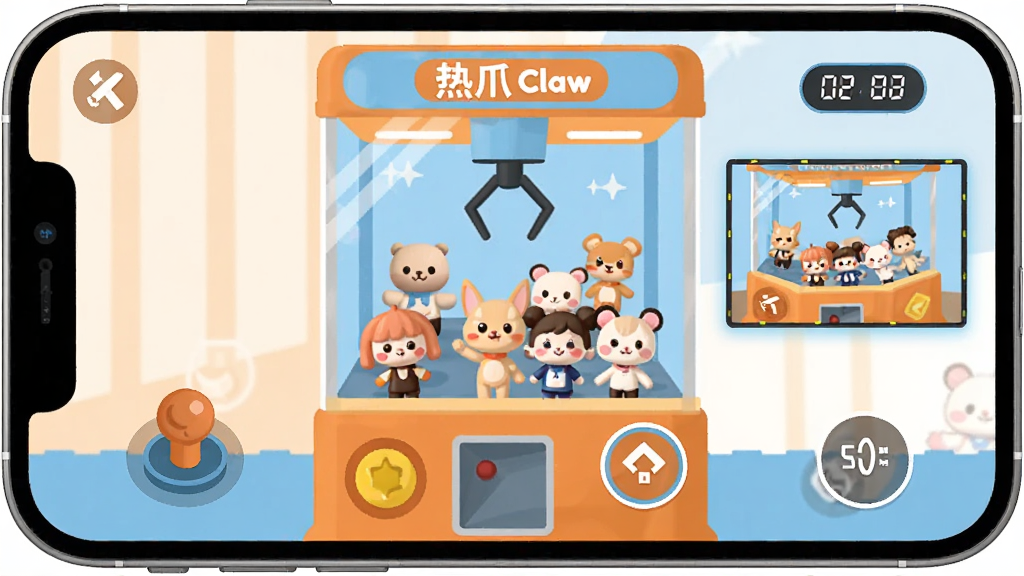 热爪Claw线上抓娃娃应用主界面,画面中央是一台高清娃娃机,机内摆放多种可爱公仔,手机屏幕显示远程操控按钮和实时视频画面,整体布局简洁明快,采用扁平化插画风格,色彩以暖橙和天蓝为主,细节包含摇杆图标、抓取按钮、倒计时显示,画质清晰干净,无多余元素