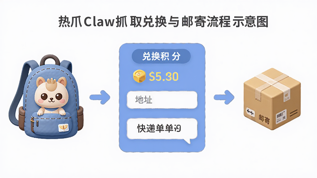 热爪Claw抓取兑换与邮寄流程示意图,画面左侧是背包中的公仔图标,中间是兑换积分界面,右侧是邮寄包裹图标,整体采用流程图风格,色彩柔和,细节包含积分数字、地址输入框、快递单号,画质清晰,布局整齐,无多余元素