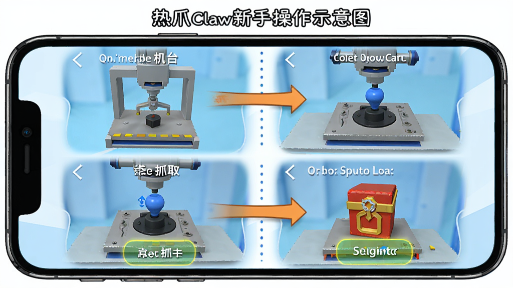 热爪Claw新手操作示意图,画面展示手机屏幕上的抓取步骤分解,包括选择机台、移动摇杆、点击抓取、查看奖品四个画面,风格为步骤图解,色彩明亮,细节包含箭头指示、按钮高亮,画质清晰,无多余元素