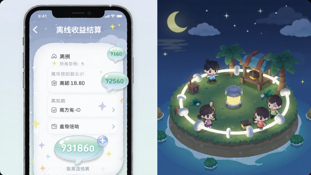 画面分为左右两部分,左侧是手机屏幕显示离线收益结算界面,右侧是岛屿在夜晚自动运转的场景,回路发出微弱光芒,Q版居民在岛上散步,整体风格为清新简约的日系游戏界面插画,细节包括数字气泡、星光粒子、柔和的界面边框,画质高清,画面干净,无多余元素,画面中不出现文字