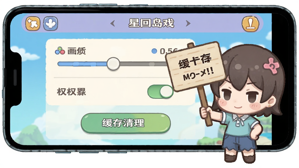 一部安卓手机屏幕显示星回岛的游戏设置界面,界面中有画质调节滑块、权限开关、缓存清理按钮等选项,旁边有一位Q版角色举着提示牌,整体风格为清新简约的日系游戏UI插画,细节包括圆角按钮、柔和配色、清晰的图标,画质高清,画面干净,无多余元素,画面中不出现文字