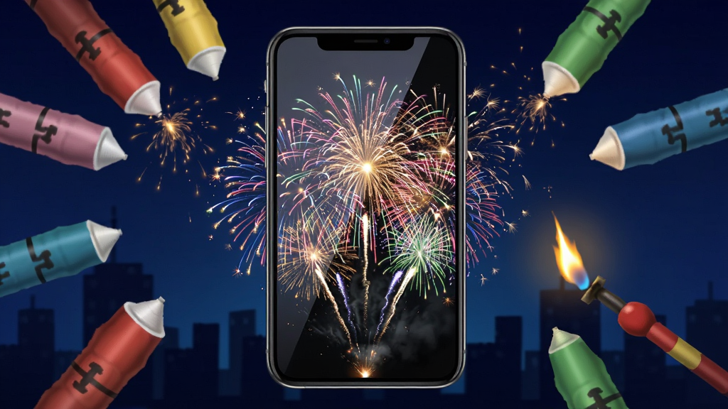 ����������һ�������ֻ�����Ļ��������ɫ���ͷ׵��̻�������������ɫҹ�պͳ��м�Ӱ������ɢ���Ÿ�ɫ�̻����͵���������岼�ֲ������ķ���ʽ��ͼ�����Ϊдʵ�廭��ϸ�ڰ����̻���β��Ч���������ӡ���Ļ���⣬���ʸ��壬�ɾ����޶���Ԫ�ء�