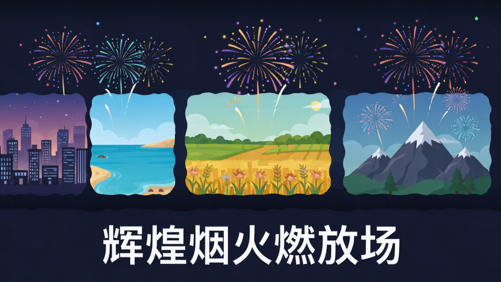 һ�����ⳡ��ѡ����棬չʾ�����ͬ����������ͼ���������С����ߡ���Ұ��ɽ����ÿ������ͼ�Ϸ����̻�����Ч��������ײ��С��Ի��̻�ȼ�ų������ֱ�ʶ�����Ϊ��ƽ����ƣ����ʸ��壬�ɾ����޶���Ԫ�ء�
