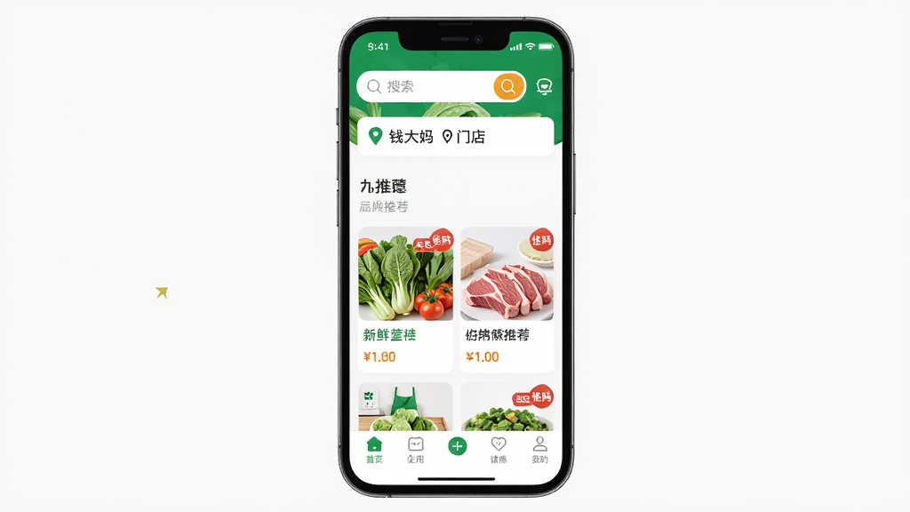 Ǯ�������ʹ���Ӧ��������չʾͼ������Ϊһ�������ֻ���Ļ��ʾǮ����App��ҳ�������Ϸ�Ϊ�������Ͷ�λ�ŵ���Ϣ���в�Ϊ�����߲˺��������Ʒ�Ƽ���Ƭ���·�Ϊ�ײ����������Ű��������룬���Ϊ�ִ���Լ��ƽ����ƣ�ϸ�ڰ�����ɫ��ɫ������Ʒ����ͼ���۸��ǩ�������Ǳ꣬���ʸ���ɾ��޶���Ԫ��