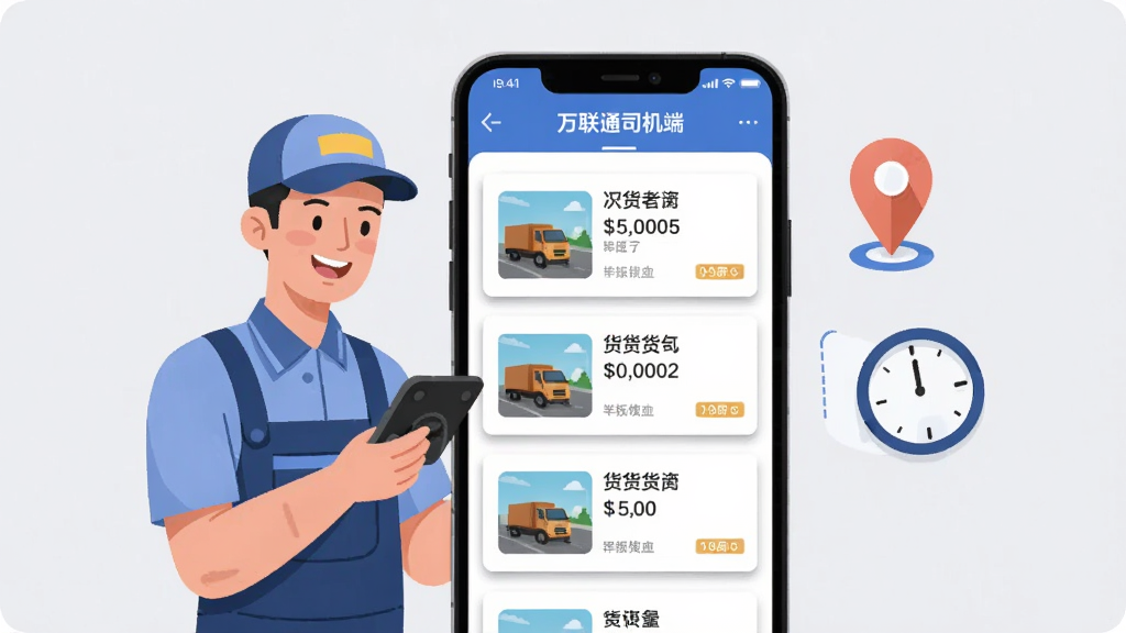 ����������һ���ֻ�չʾ������ͨ˾���ˡ���Դ�б�ҳ�棬��Ļ���ж���������Ϣ��Ƭ���ֻ������һλ���Ź�������˾������΢Ц�鿴���Ҳ�Ư���Ŷ�λͼ���ʱ��ͼ�꣬���ֲ������Ҿ��⹹ͼ�����Ϊ�ִ���ƽ�廭��ϸ���Ͽ�Ƭ����΢ͶӰ������Ϊ�ɾ���ǳ��ɫ�������������ɾ����޶���Ԫ��