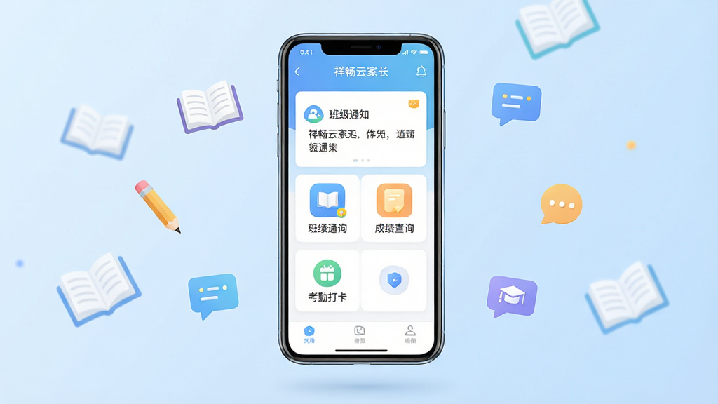 ��������Ϊһ�������ֻ�����Ļ����ʾ���鳩�Ƽҳ���APP�Ľ��棬�������а༶֪ͨ���ɼ���ѯ�����ڴ򿨵ȹ���ģ��ͼ�ꡣ���ֲ��þ��й�ͼ���ֻ���������͵�ǳ��ɫ����֮�ϡ��Ű��ϣ��ֻ���Ļ���������ɼ�����Χ�������鱾��Ǧ�ʡ��Ի���Ƚ���Ԫ�ص�Сͼ�ꡣ���Ϊ�ִ���ƽ���Ƽ��磬ɫ������������ϸ���ϣ��ֻ���Ե����΢�߹⣬������ϸ΢�Ľ�����ɡ�����Ϊ���壬����ɾ����޶���Ԫ�ء�
