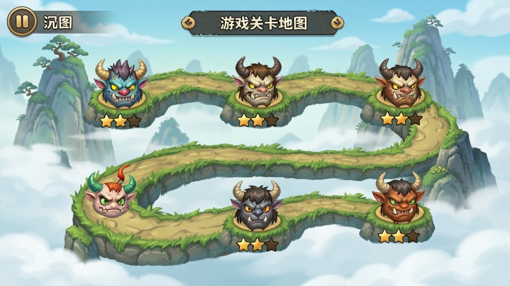 ��Ϸ�ؿ�ѡ���ͼ���棬���ѵ�ɽ·�����Ŷ���ؿ��ڵ㣬�ڵ����в�ͬ����ͷ�����Ǽ����ۣ��������������Ƶ���ɽ��������Ϊ�ŷ翨ͨ�������������ɾ��޶���Ԫ��