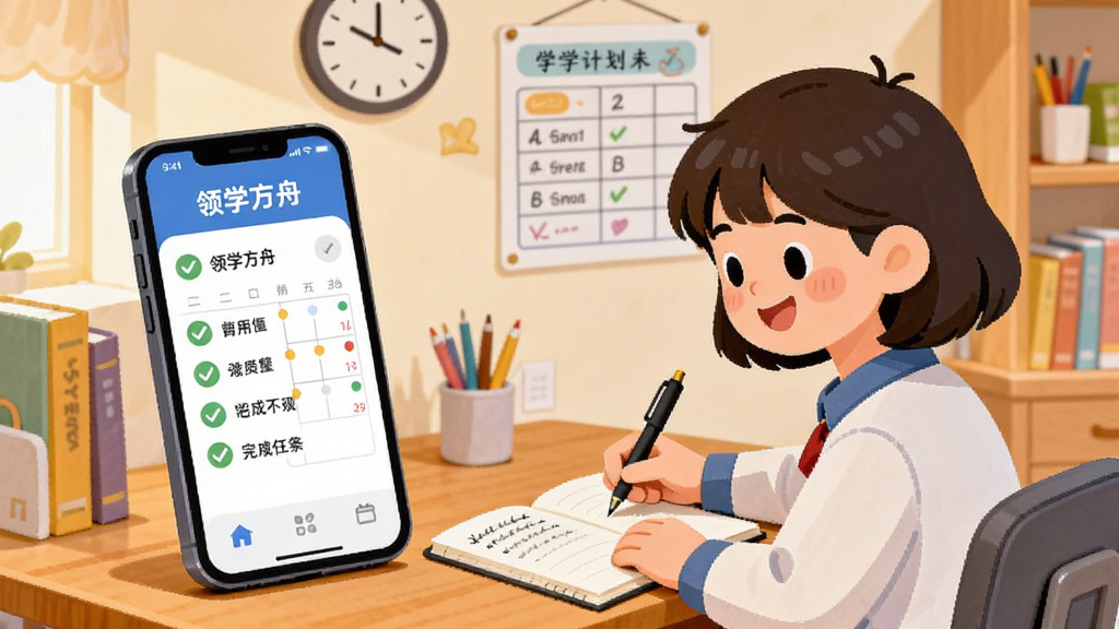 ��ͨ���廭��������һλѧ����������ǰ�����Ϸ���һ����ʾ����ѧ���ۡ�ѧϰ�ƻ�������ֻ�����Ļ���д���ɵ������б���������ǣ�ѧ���ֱֳ��ڱʼǱ�����д������������ķ��䣬ǽ�Ϲ���ʱ�ӺͿγ̱�������ɫ����ů������������������ͼ�������޶���װ��Ԫ��