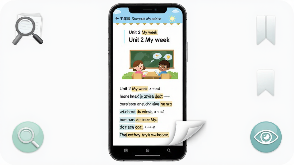 ���꼶Ӣ���ϲ��������棬չʾUnit 2 My week����ҳ��ҳ���пα���ͼ��Ӣ�ĶԻ����ֻ���Ļ���У���Χ�зŴ󾵡���ǩ������ͼ�꣬����Լ���£�ϸ���з�ҳ�����͵��ʸ��������ʸ��壬�ɾ����޶���Ԫ��