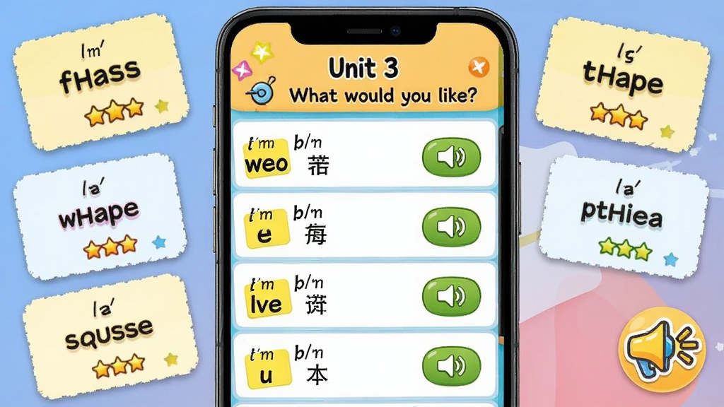���꼶Ӣ���ϲᵥ�ʱ�ѧϰ���棬չʾUnit 3 What would you like?�����б���ÿ����������������������壬�ֻ���Ļ���У���Χ�е��ʿ�Ƭ���������֡�С����ͼ�꣬�����ÿ�ͨ�磬ϸ���е��ʸ����ͷ�����ť�����ʸ��壬�ɾ����޶���Ԫ��