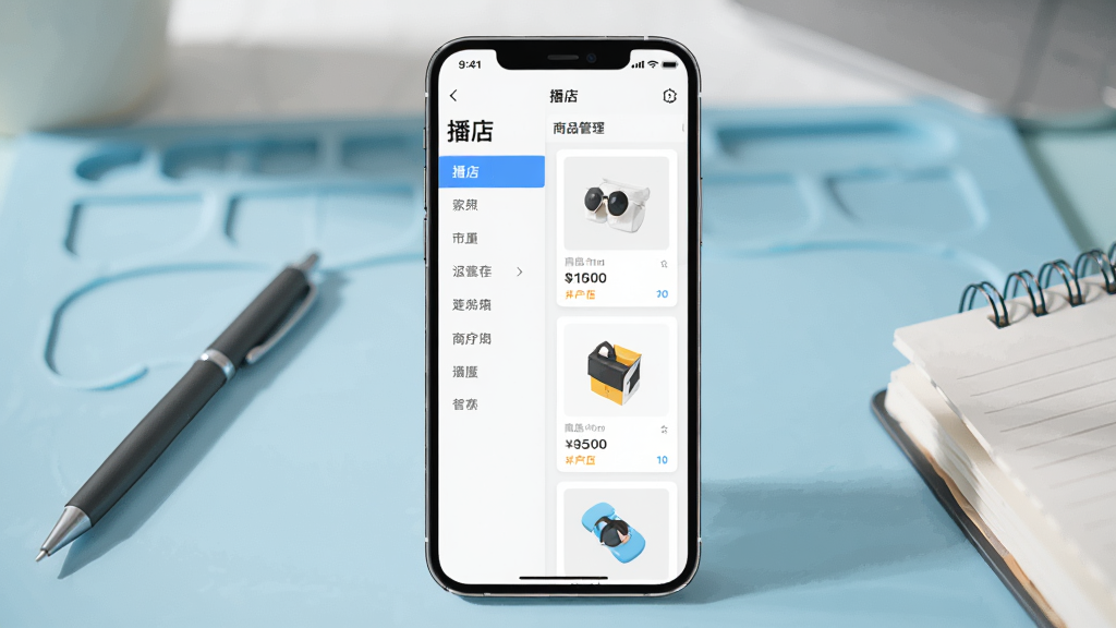 һ���ֻ����ڻ������룬��Ļ��չʾ�����ꡱӦ�õ���Ʒ�����б�ҳ�棬����Ƿ���˵����Ҳ�����Ʒ��Ƭ����Ƭ���м۸�Ϳ�����֣������ǵ���ɫ����̨�棬�����Ϸ���һ֧�ʺ�һ�����±���������Ϊдʵ�廭�����������������ͼ���У���������������ɾ�����