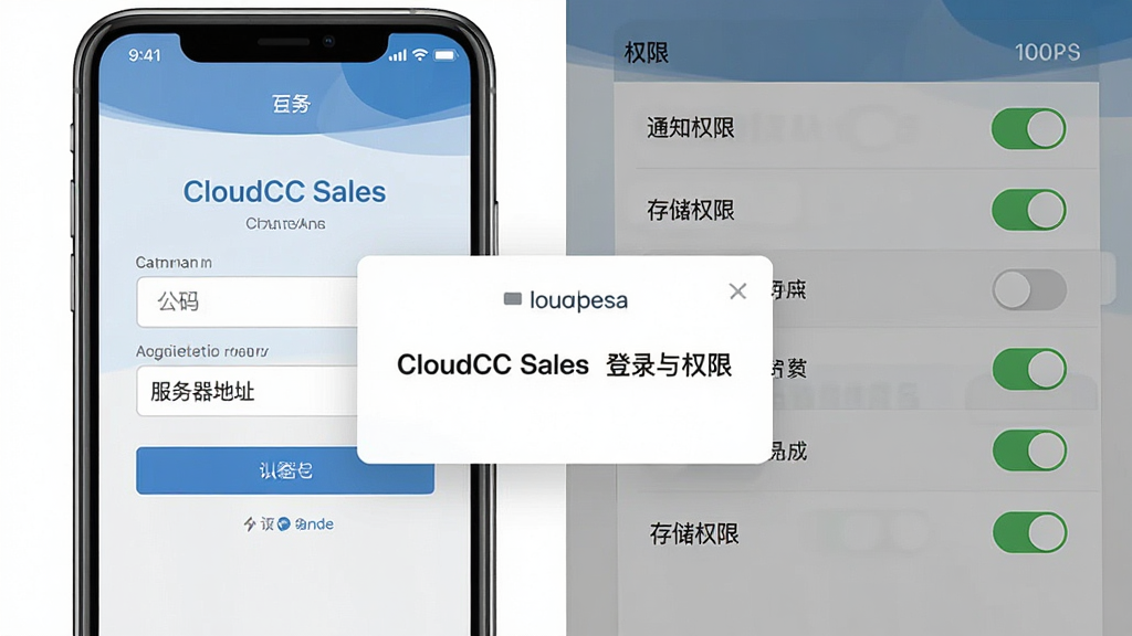 ����Ϊ�ֻ���ĻչʾCloudCC Sales��¼������Ȩ�����õ��������ֲ������ҷ��������Ϊ��¼ҳ���Ҳ�ΪȨ�޿����б����Ű�����ֱ�ۣ����Ϊ��ƽ���ƶ���UI��ƣ�ϸ�ڰ����˺���������򡢷�������ַ����֪ͨȨ�޿��ء��洢Ȩ�޿��أ����ʸ��塢����ɾ����޶���Ԫ�أ�ͼƬ�����ֱ�ע
