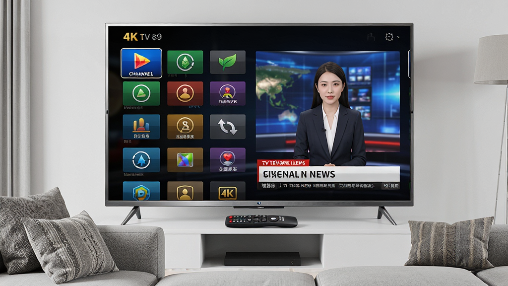 һ��չʾTV���Ӹ���ֱ������������ĺ�泡��ͼ�������������һ̨�������ܵ��ӣ�������Ļ����ʾ��Ƶ�������б������ڲ��ŵ����Ż��棬�����·��ڷ���ң������ɳ��һ�ǣ����ֲ��þ��жԳƹ�ͼ���Ű�ɾ����䣬���Ϊ�ִ��Ҿ�дʵ�磬ϸ�ڰ������ӱ߿�Ľ����ʸС���Ļ��Ƶ��ͼ���ɫ�ʲ�Ρ�ɳ�������Ĳ��ƣ�����Ҫ��4K���塢�ɾ��޶���Ԫ�أ������в������κ�����