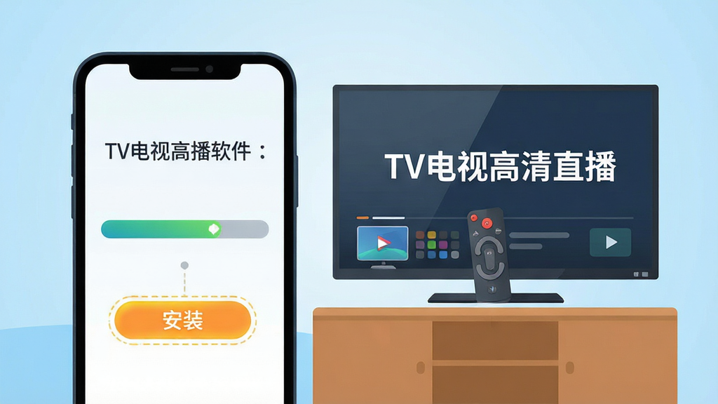 TV���Ӹ���ֱ���������ֻ��͵����ϵİ�װ����ʾ��ͼ����������Ϊһ���ֻ���һ̨���ӣ��ֻ���Ļ��ʾ��װ��������������Ļ��ʾ���Ž��棬���ֲ������·ֲ㹹ͼ���Ű�ֱ���׶������Ϊ��ƽ���̳̲廭�磬ϸ�ڰ�����װ��ť�ĸ���Ч��������ң�����İ���������������ǳ��ɫ���䣬����Ҫ����塢�ɾ����޶���Ԫ�أ������пɴ��������ơ�TV���Ӹ���ֱ����������