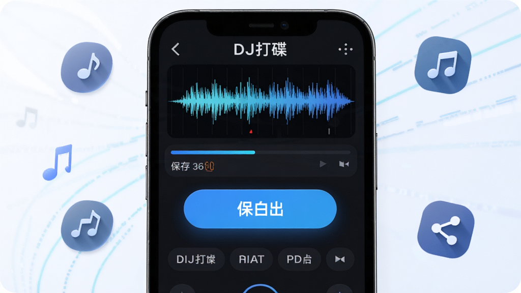 �ֻ���Ļ��ʾDJ���¼���������棬����ͼ�뱣�水ť����Χ�����������ͼ�꣬����Ϊ�ֻ�����棬�������½ṹ���Ű�ͻ��������ť�벨�Σ����Ϊ�������Ƽ��磬ϸ���н��������ļ���ʽ��ǩ�����ʸ���ɾ��޶���Ԫ�أ����������