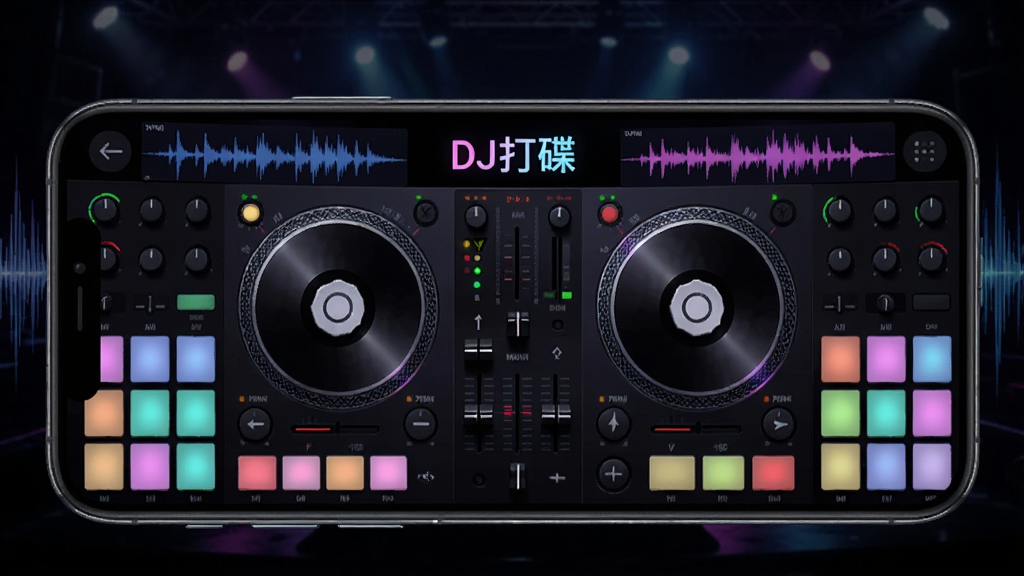 һ�������ֻ�����չʾDJ����������棬������˫ת���뽻�����ӣ�����ֲ���ɫ����棬�����ǰ�ɫ��̨�ƹ�����������������Ϊ�ֻ����������棬���־��жԳƣ��Ű�ͻ��˫�����������򣬷��Ϊ�Ƽ��а����޺磬ϸ�ڰ�����ť�̶ȡ�����ָʾ�ơ�����ͼ�����ʸ���ɾ��޶���Ԫ�أ������д�����