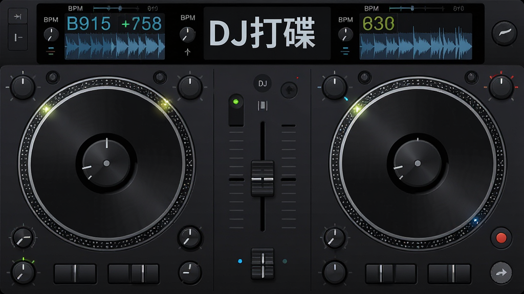DJ�������˫ת�̹���������д������Բ�γ��̲��ţ��м佻���������������ӣ���Ļ��ʾBPM��ֵ�벨�Σ�����Ϊ�������棬�������ҶԳƣ��Ű�����չʾת�������ӣ����Ϊ�ִ���ƽ����ɫUI��ϸ������ť�߹��������˸�㣬���ʸ���ɾ��޶���Ԫ�أ����������
