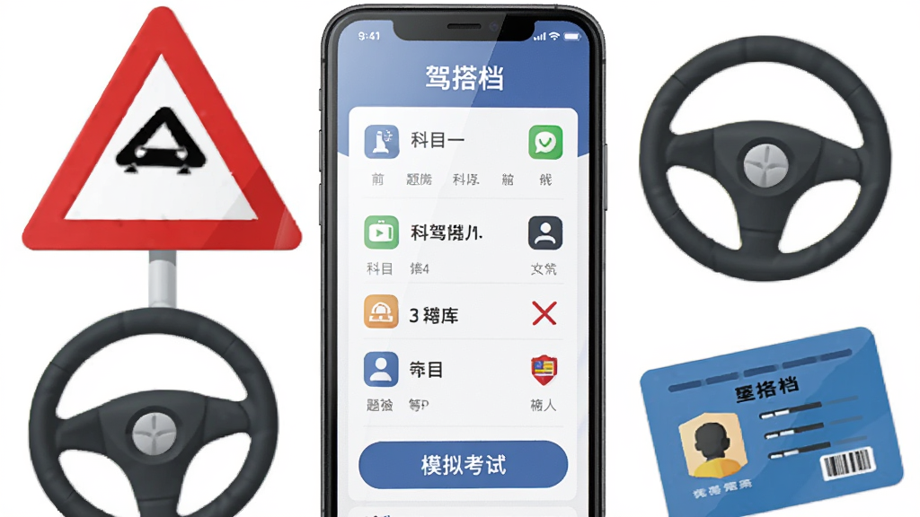 ����Ϊһ�������ֻ���Ļչʾ�ݴAPP�����棬��������ʾ�ݿ���Ŀһ����б���ģ�⿼����ڰ�ť���ֻ���Χ���ƽ�ͨ��־�������̡���ʻ֤��Ԫ�أ�����Ϊ�ֻ����С�Ԫ�ػ������ܣ��Ű�������·ֲ�ṹ�����Ϊ��ƽ���Ƽ��磬ϸ�����ֻ���Ļ������΢����Ч����ͼ��ɫ�����������ʸ��塢�ɾ����޶���Ԫ�أ�ͼƬ������Ϊ