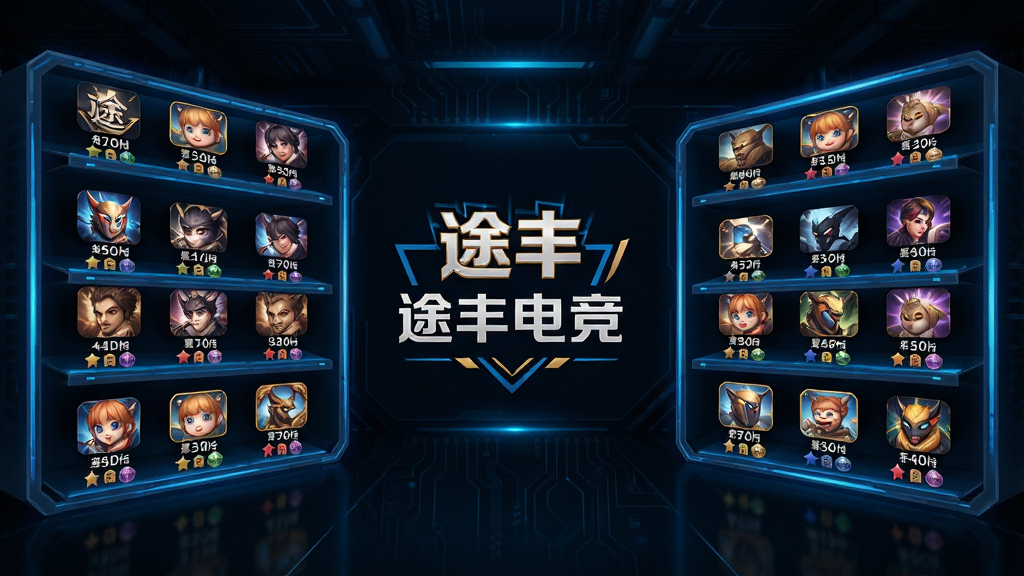 一张展示途丰电竞游戏账号资源库的图片,画面中多个游戏图标整齐排列在虚拟货架上,每个图标下方标注账号等级和稀有度,背景为深色科技风格,带有蓝色光效,画面中央有途丰电竞的Logo,风格简洁明快,细节丰富,画质高清,干净无多余元素