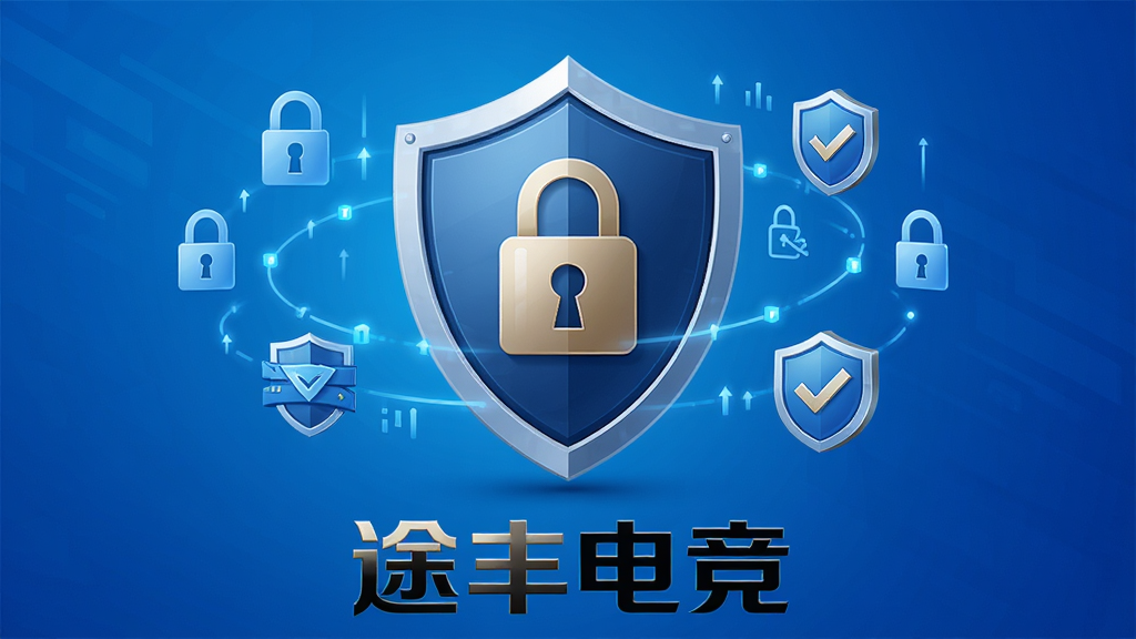 一张展示途丰电竞安全交易保障的图片,画面中央是一个盾牌图标,盾牌上有锁形图案,周围环绕着数据加密符号和实名认证标识,背景为科技蓝渐变,途丰电竞的文字标识位于盾牌下方,风格稳重专业,细节清晰,画质高清,干净无多余元素